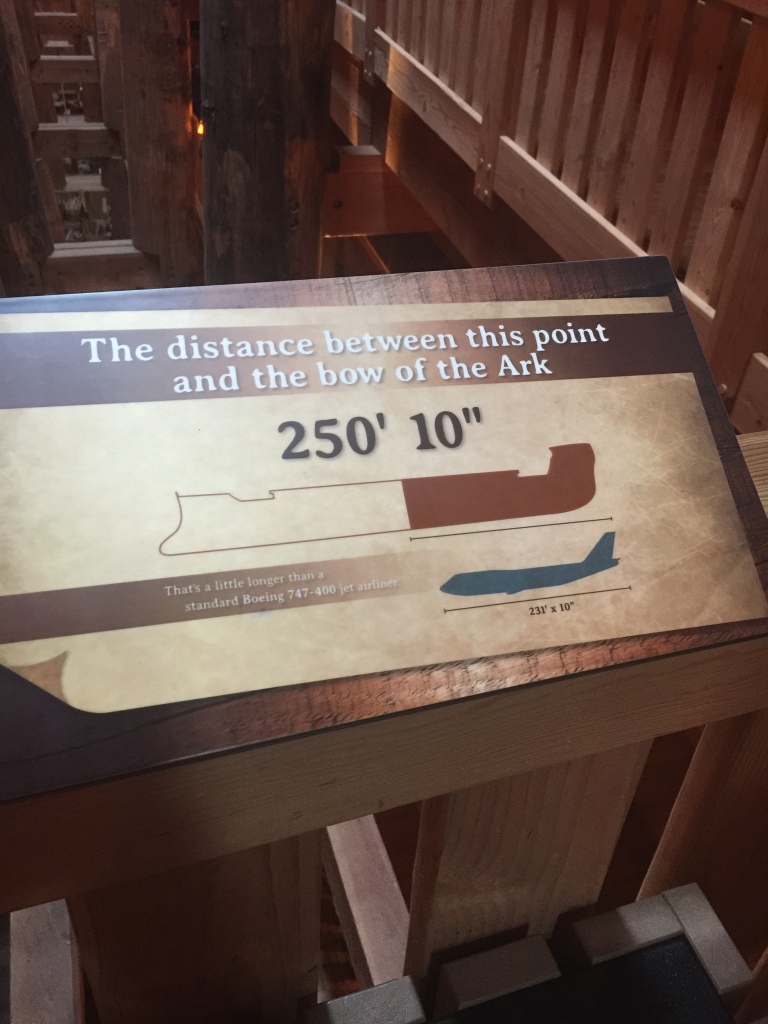 A sign showing the distance between the mid-point of the Ark and the bow of the Ark is a little longer than a standard Boeing 747-400 jet airliner.